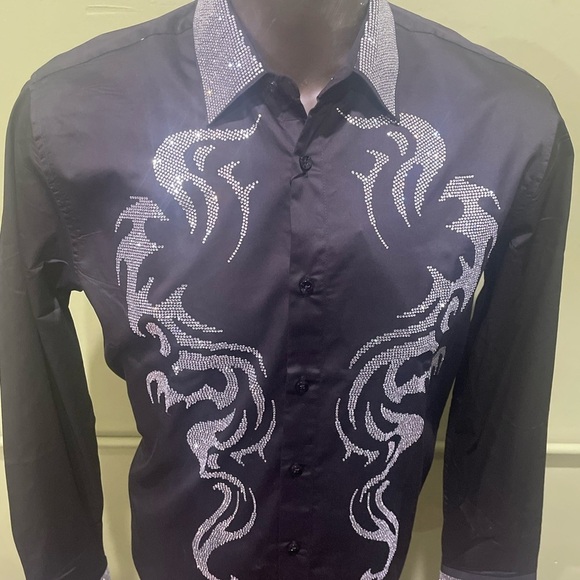 Deniko Men's Black and Silver Dress Shirt Button front rhinestone modern fit - Picture 4 of 4